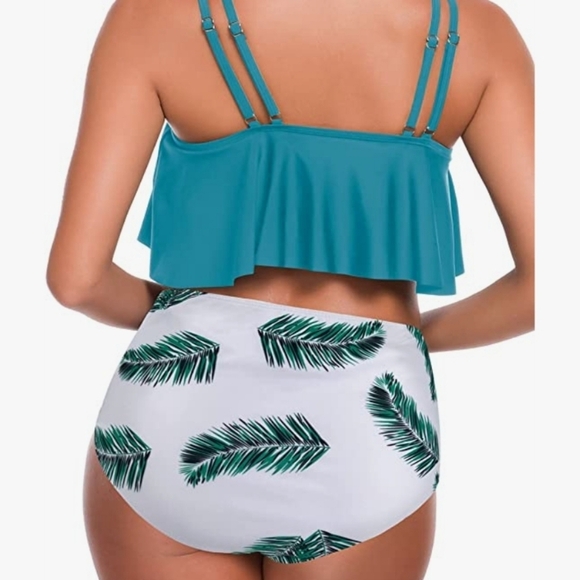 SouqFone Ruffled Flounce Top High Waisted Bikini Set in Blue Green Leaf Size L - Picture 4 of 16
